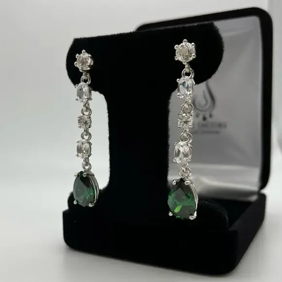 Gorgeous 11ctw Pear Cut Emerald Earrings White Sapphire Earrings Sterling Silver - Picture 3 of 4